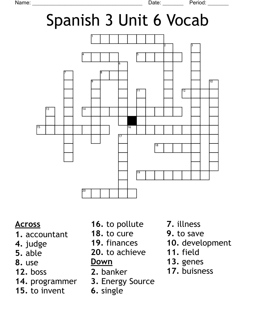 Spanish 3 Unit 6 Vocab Crossword