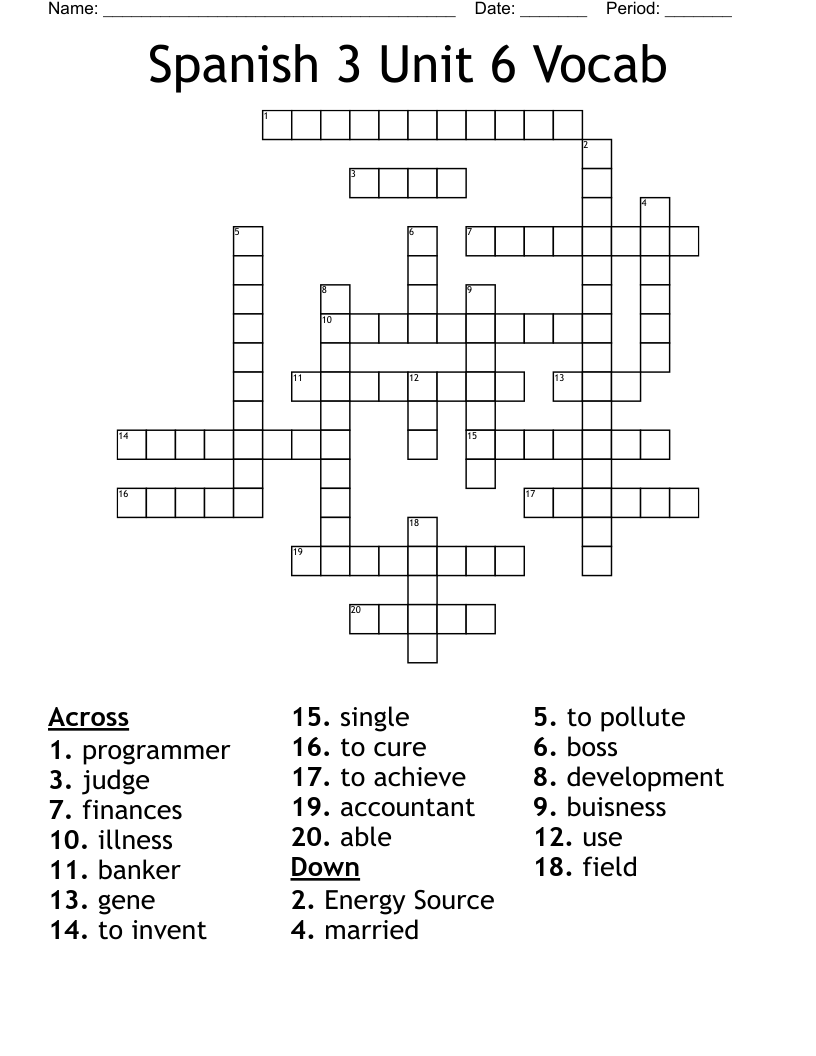 Spanish 3 Unit 6 Vocab Crossword