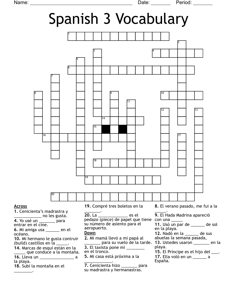 Spanish 3 Vocabulary Crossword