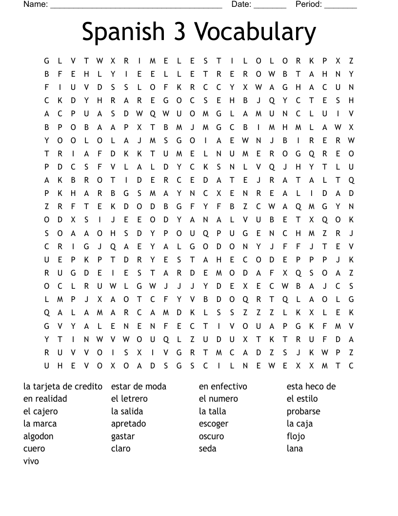 Spanish 3 Vocabulary  Word Search