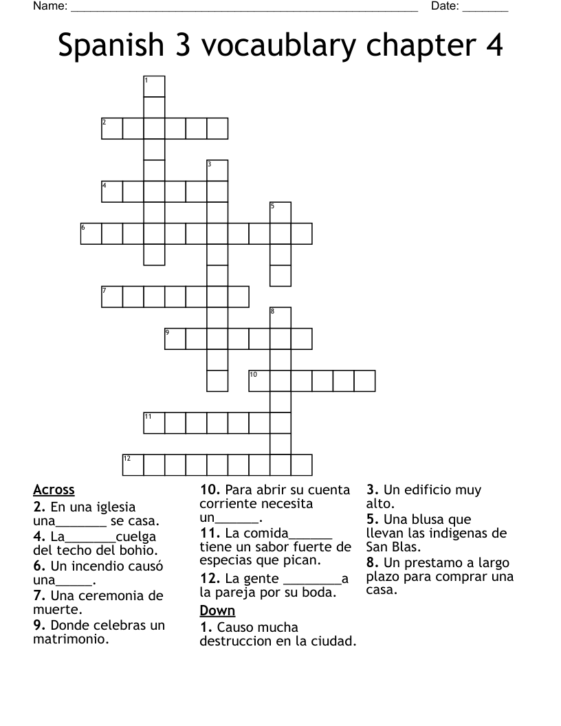 Spanish 3 vocaublary chapter 4 Crossword