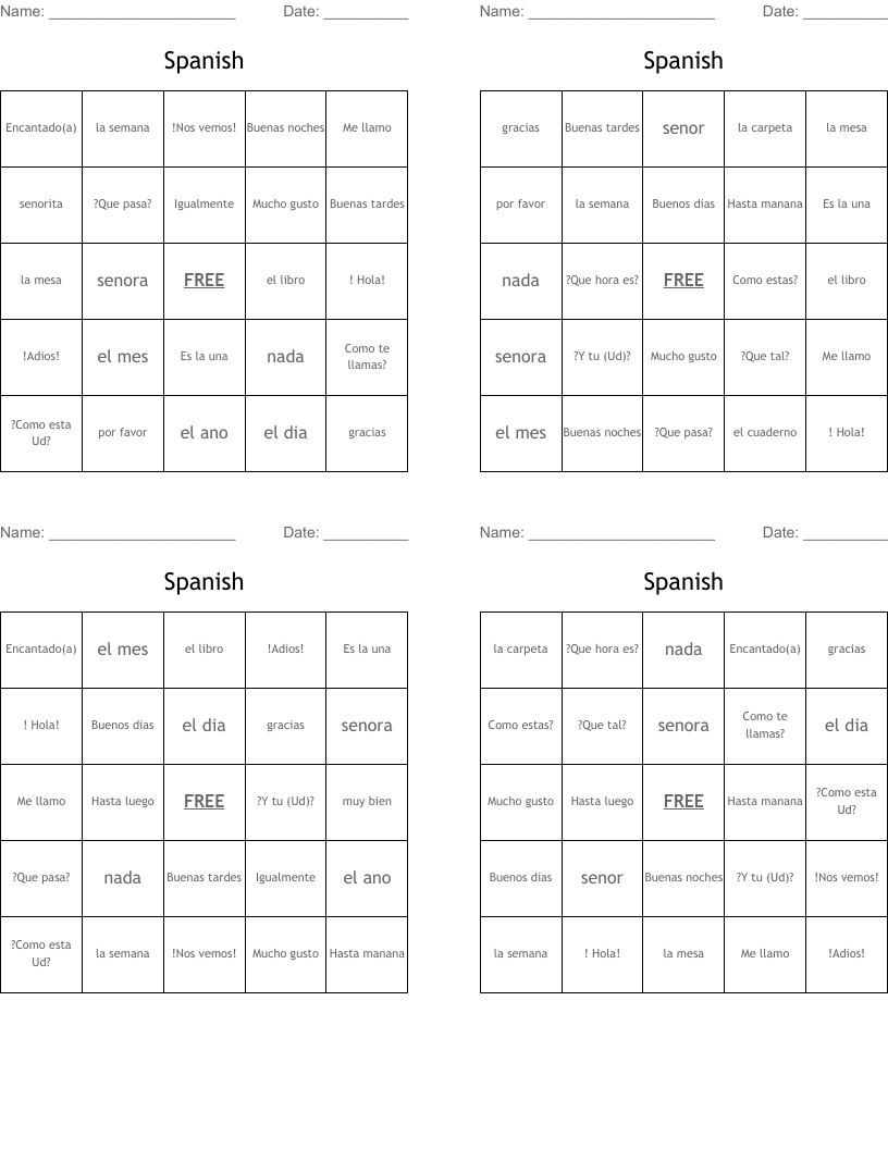 Spanish Bingo Cards