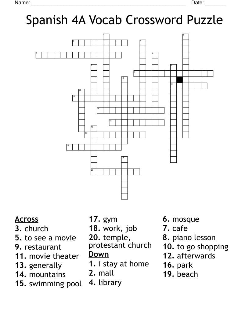 Spanish 4A Vocab Crossword Puzzle
