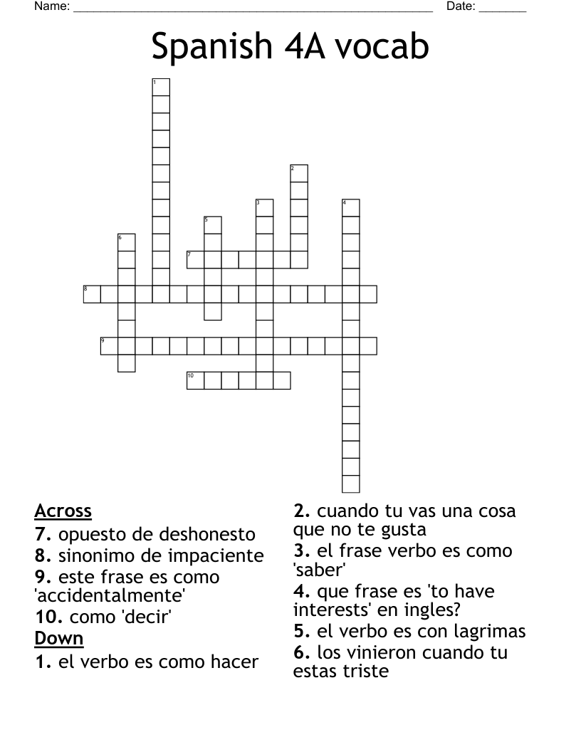 Spanish 4A vocab Crossword