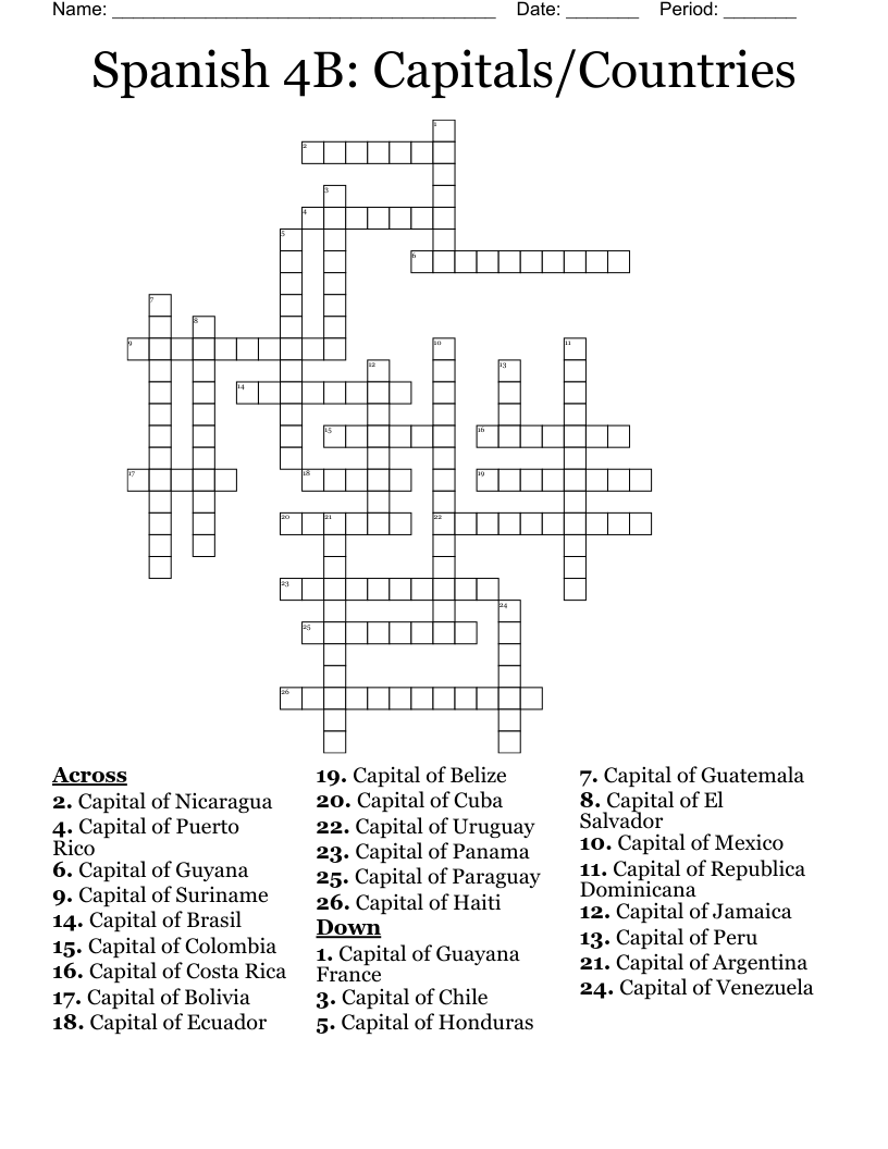 Spanish 4B: Capitals/Countries Crossword