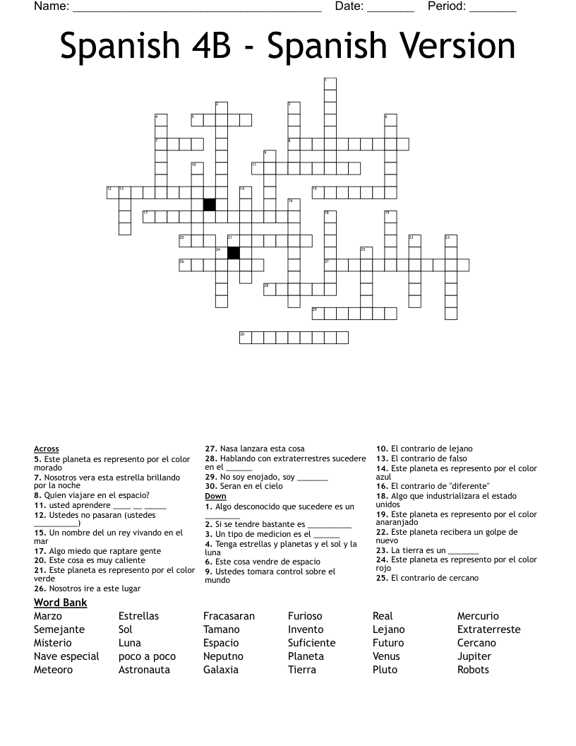 Spanish 4B - Spanish Version Crossword