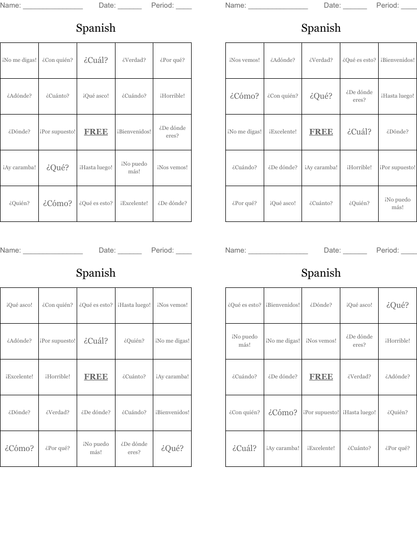 Spanish Bingo Cards