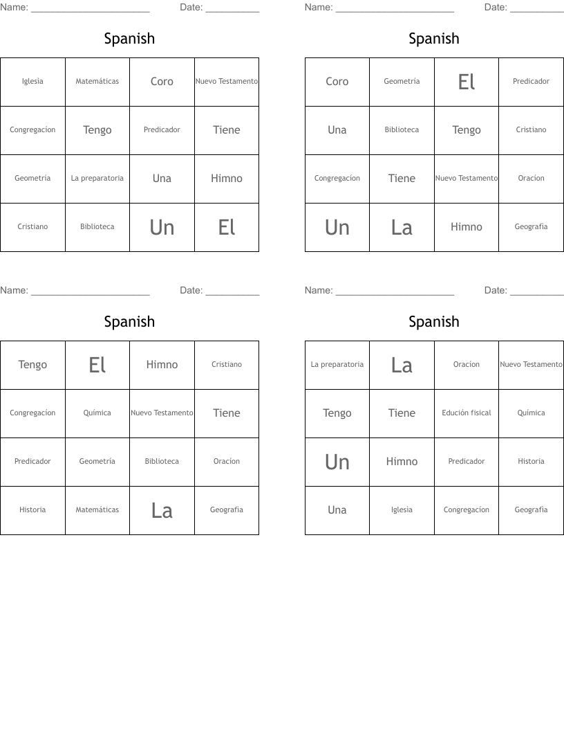Spanish Bingo Cards
