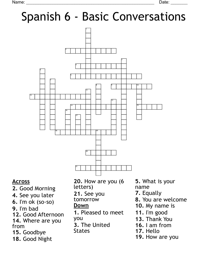 Spanish 6 - Basic Conversations Crossword