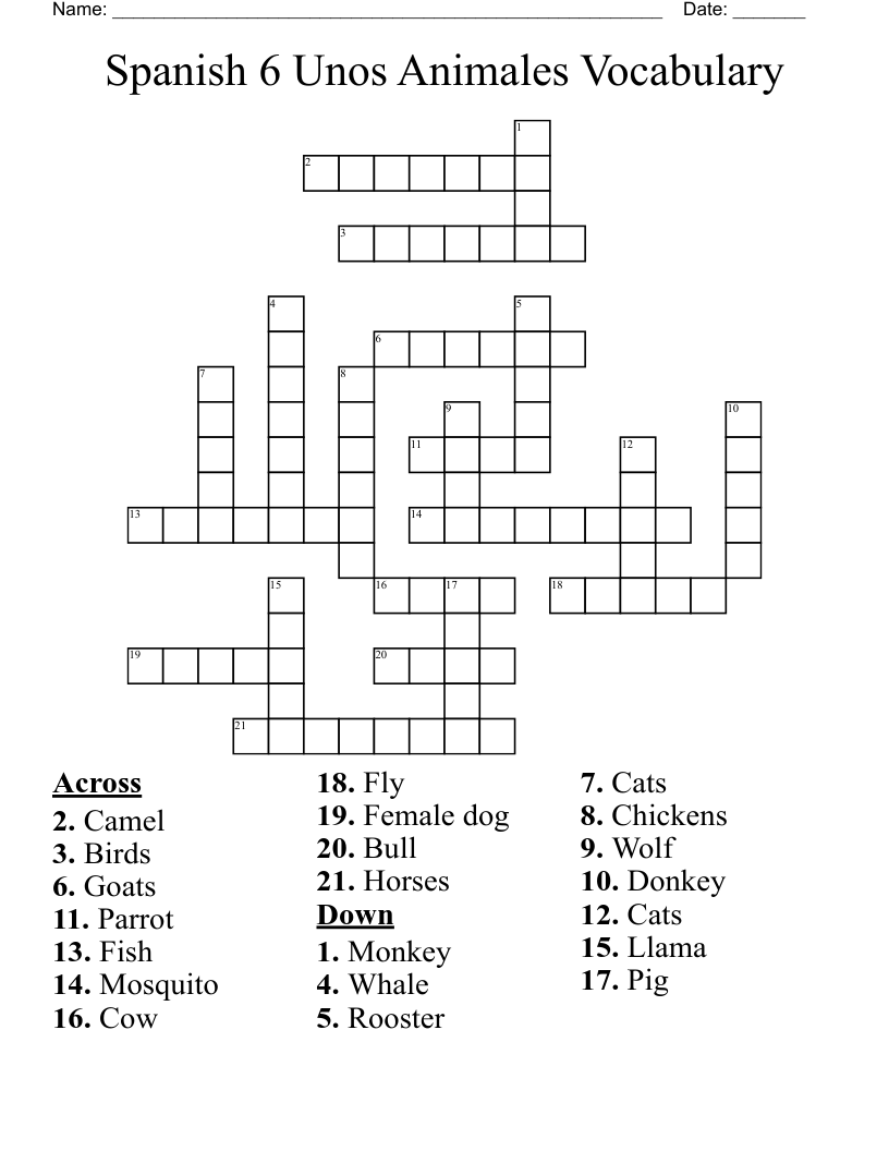 Spanish 6   Unos Animales Vocabulary Crossword