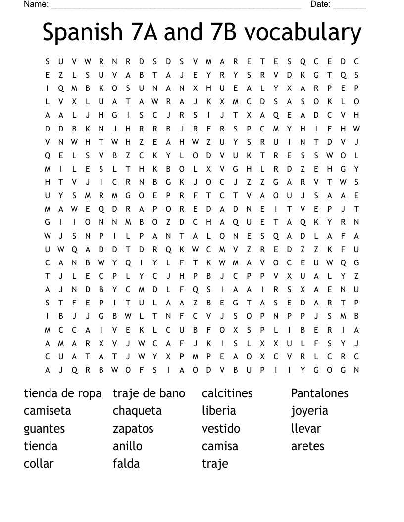 Spanish 7A and 7B vocabulary Word Search