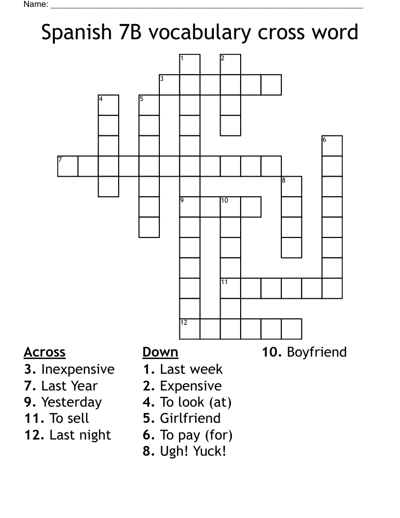 Spanish 7B vocabulary cross word