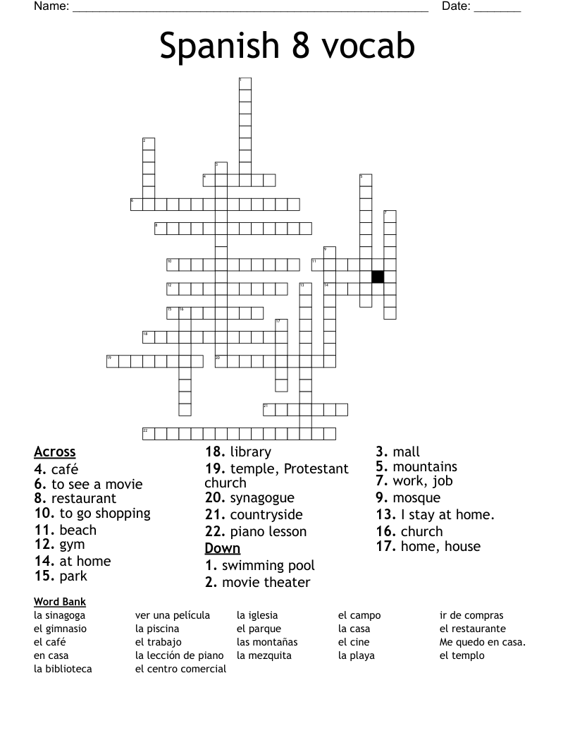 Spanish 8 vocab  Crossword