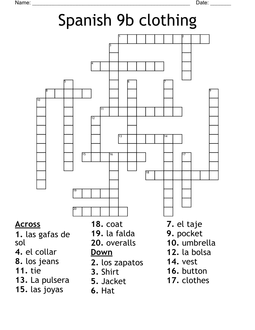 Spanish 9b clothing Crossword