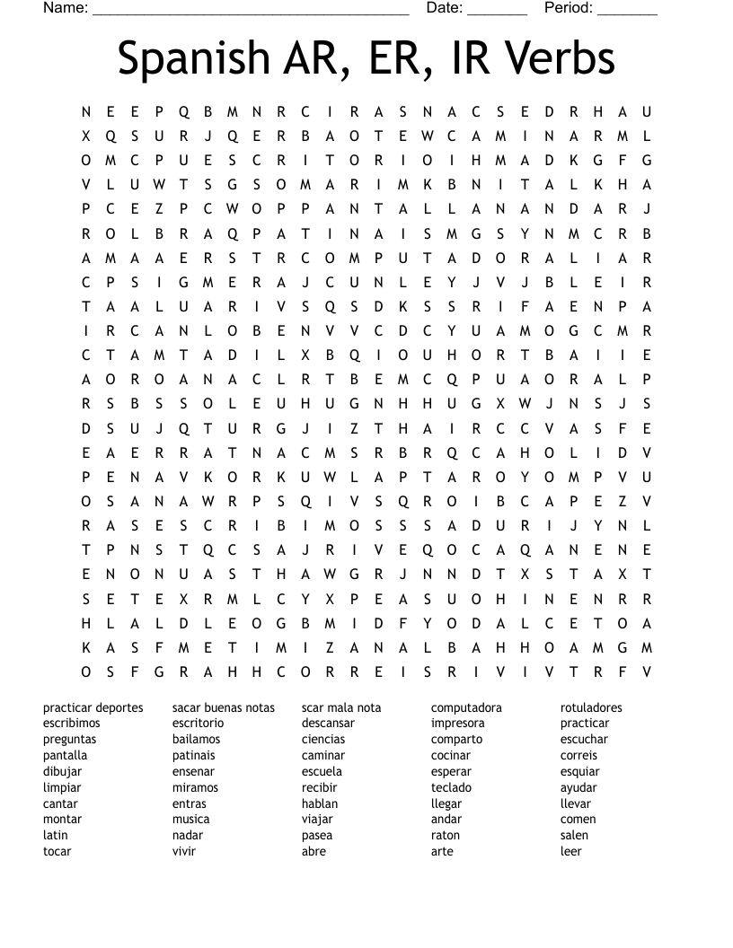 Spanish AR, ER, IR Verbs Word Search