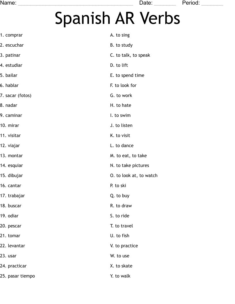 Spanish AR Verbs Worksheet