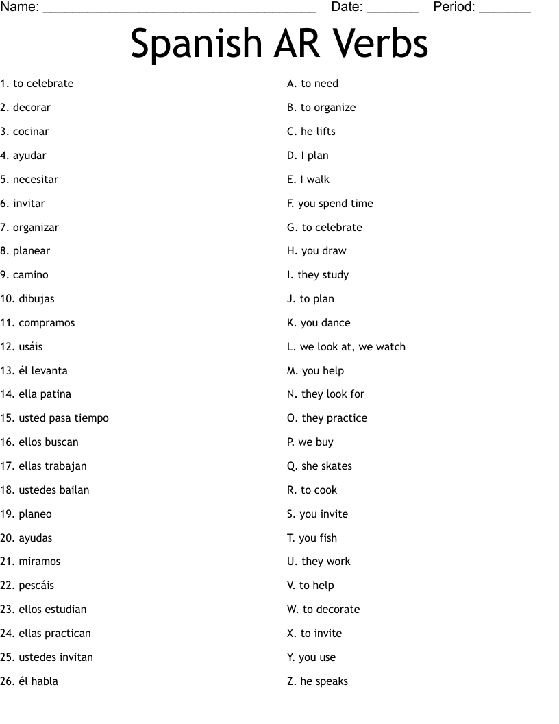 Spanish AR Verbs Worksheet