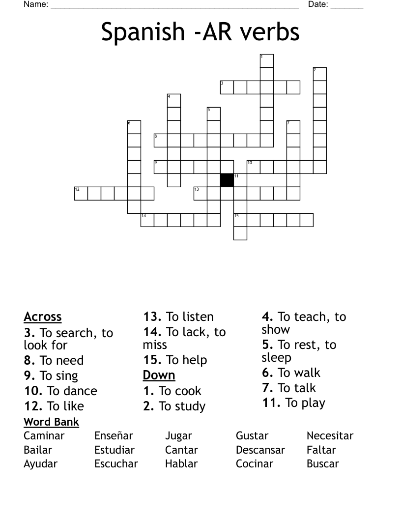 Spanish -AR verbs Crossword
