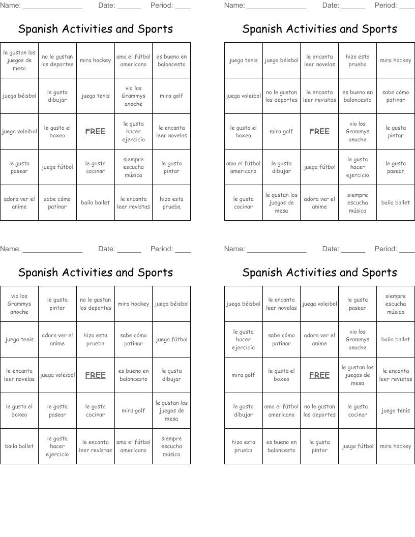 Spanish Activities and Sports Bingo Cards