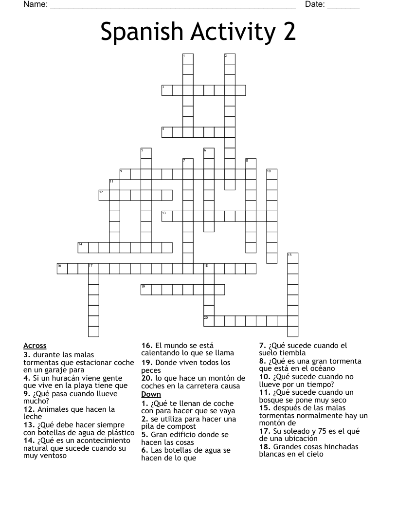Spanish Activity 2 Crossword
