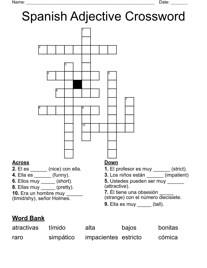 Spanish Adjective Crossword