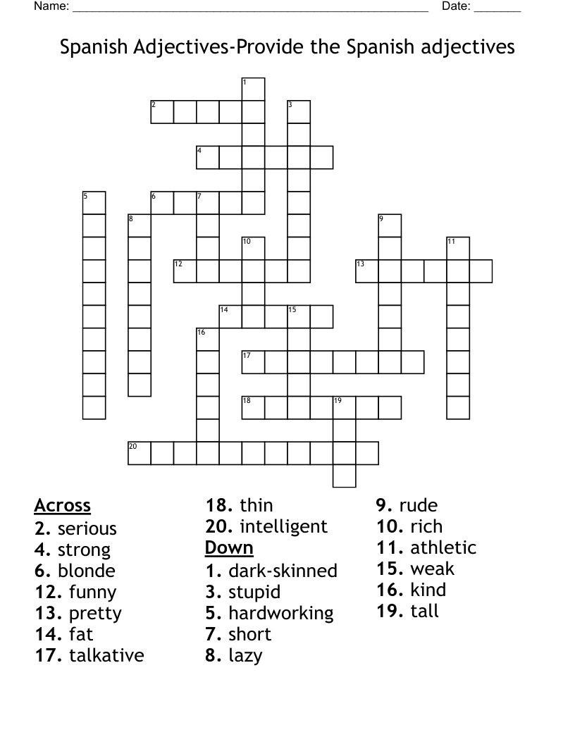 Spanish Adjectives-Provide the Spanish adjectives Crossword