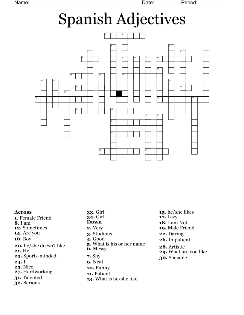 Spanish Adjectives Crossword