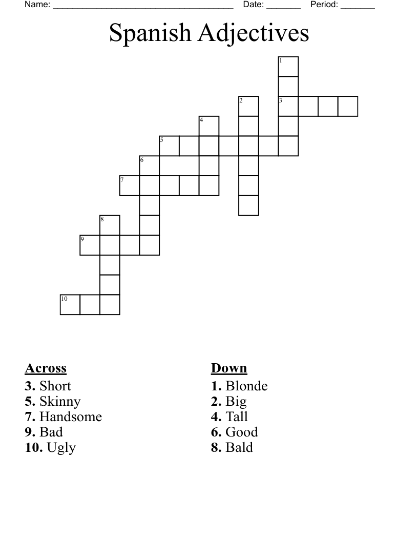 Spanish Adjectives Crossword