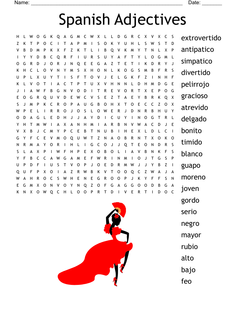 Spanish Adjectives Word Search