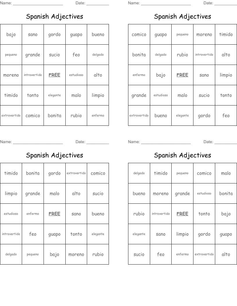 Spanish Adjectives Bingo Cards