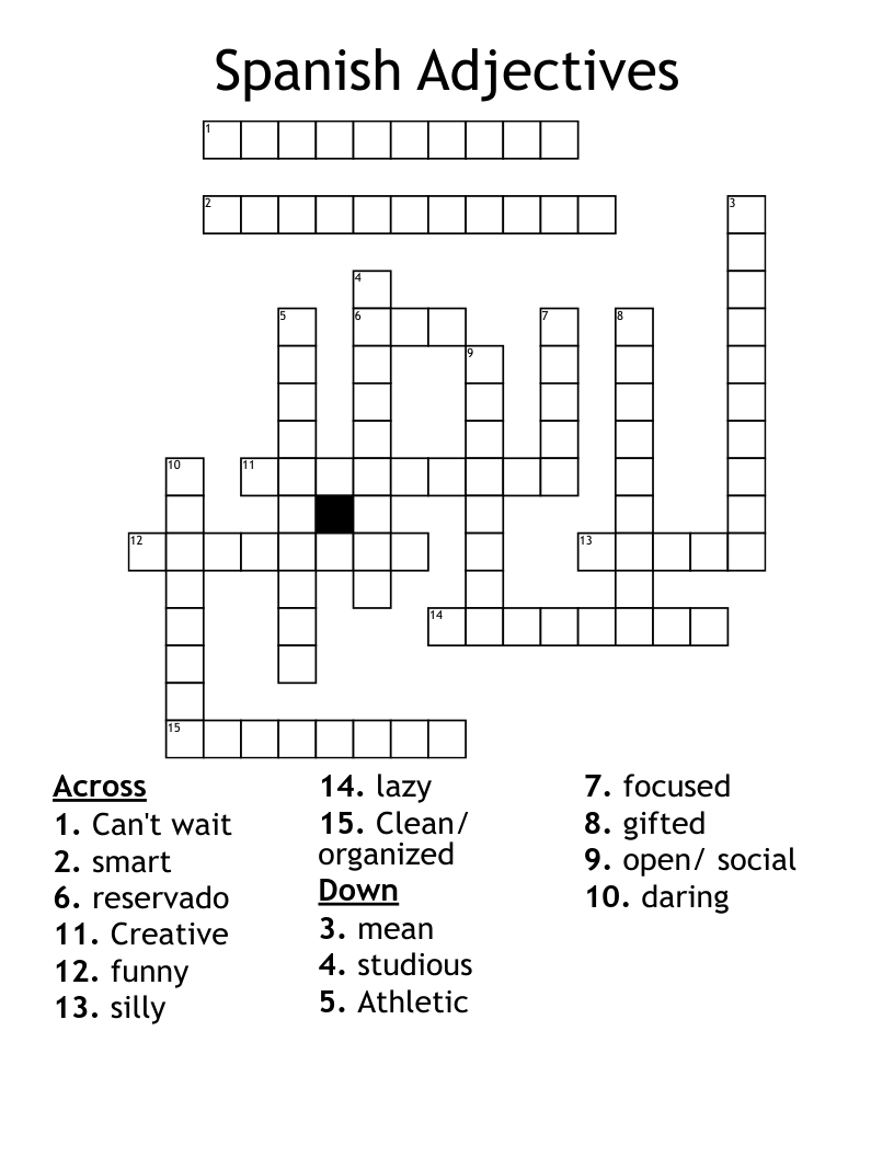 Spanish Adjectives Crossword