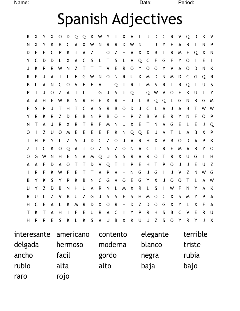 Spanish Adjectives Word Search