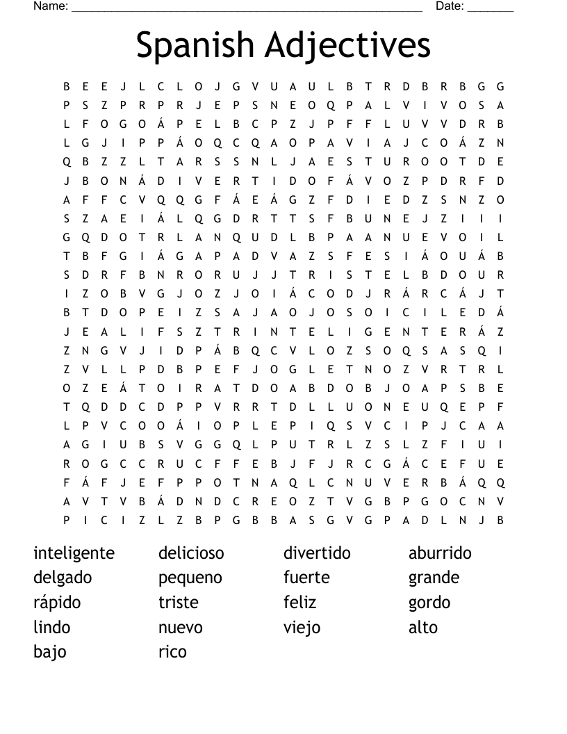 Spanish Adjectives Word Search