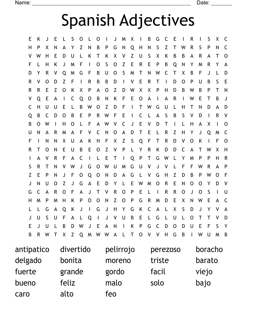 Spanish Adjectives Word Search