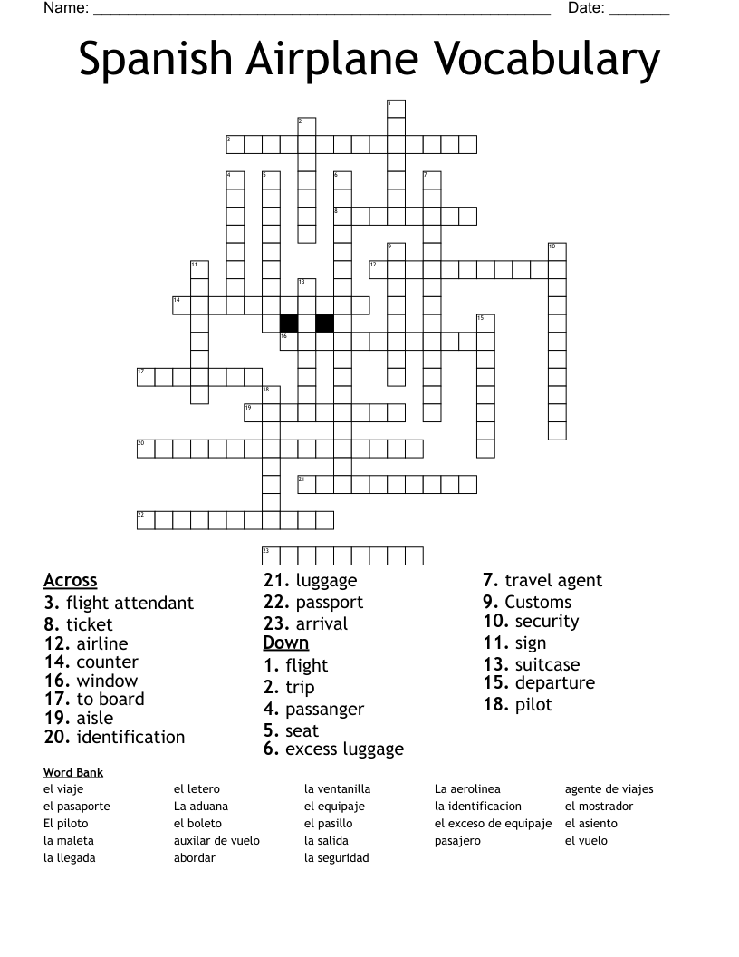 Spanish Airplane Vocabulary Crossword