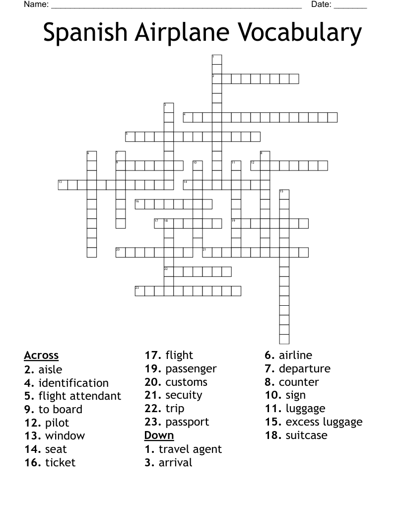 Spanish Airplane Vocabulary Crossword