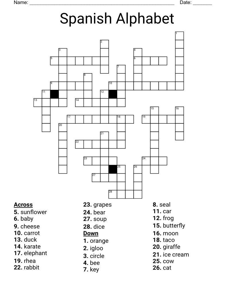 Spanish Alphabet Crossword
