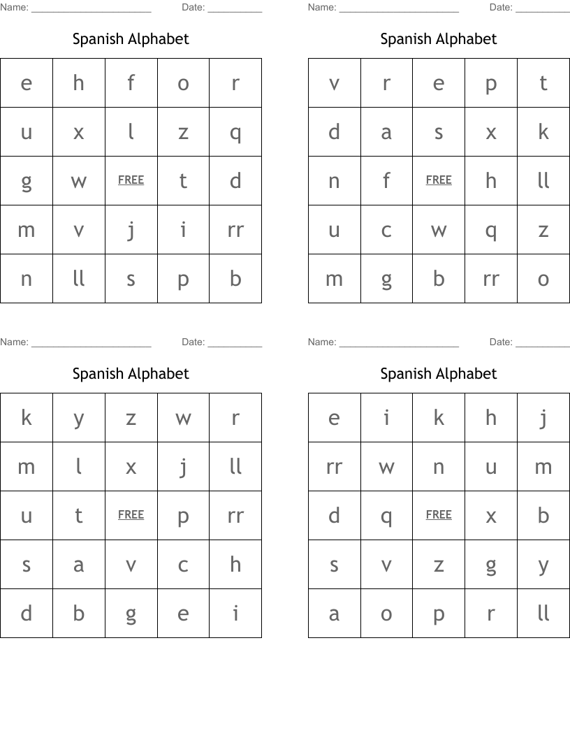 Spanish Alphabet Bingo Cards