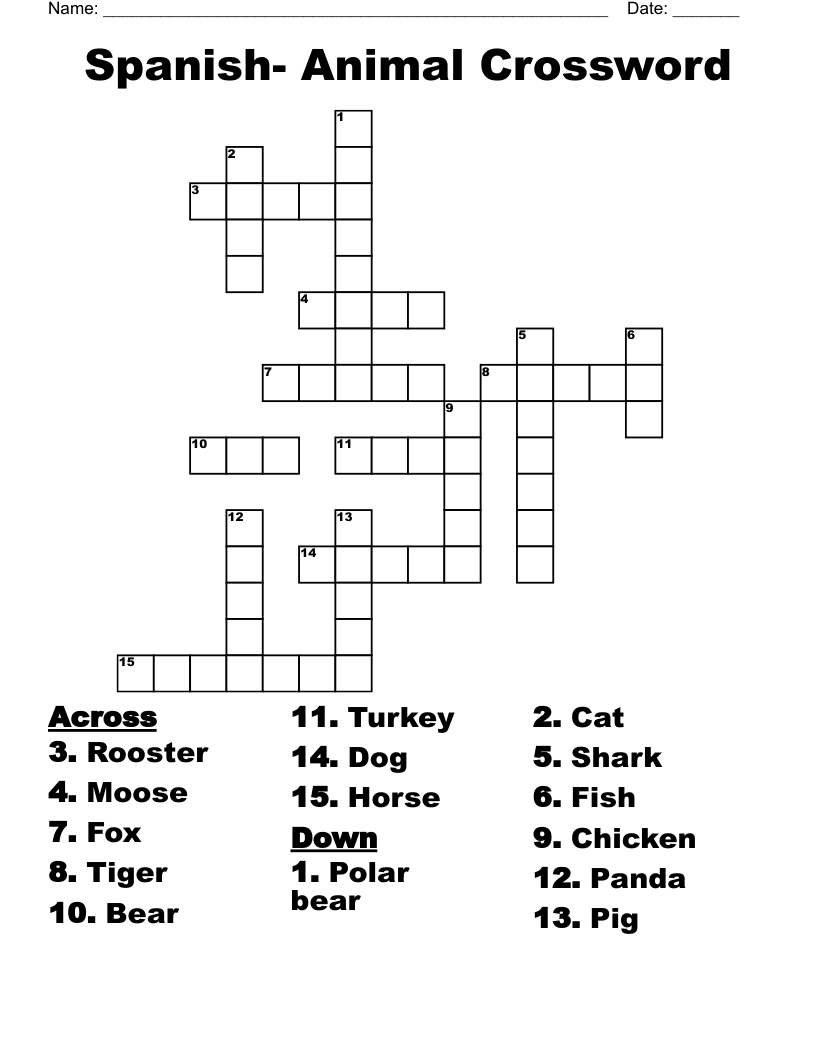 Spanish- Animal Crossword