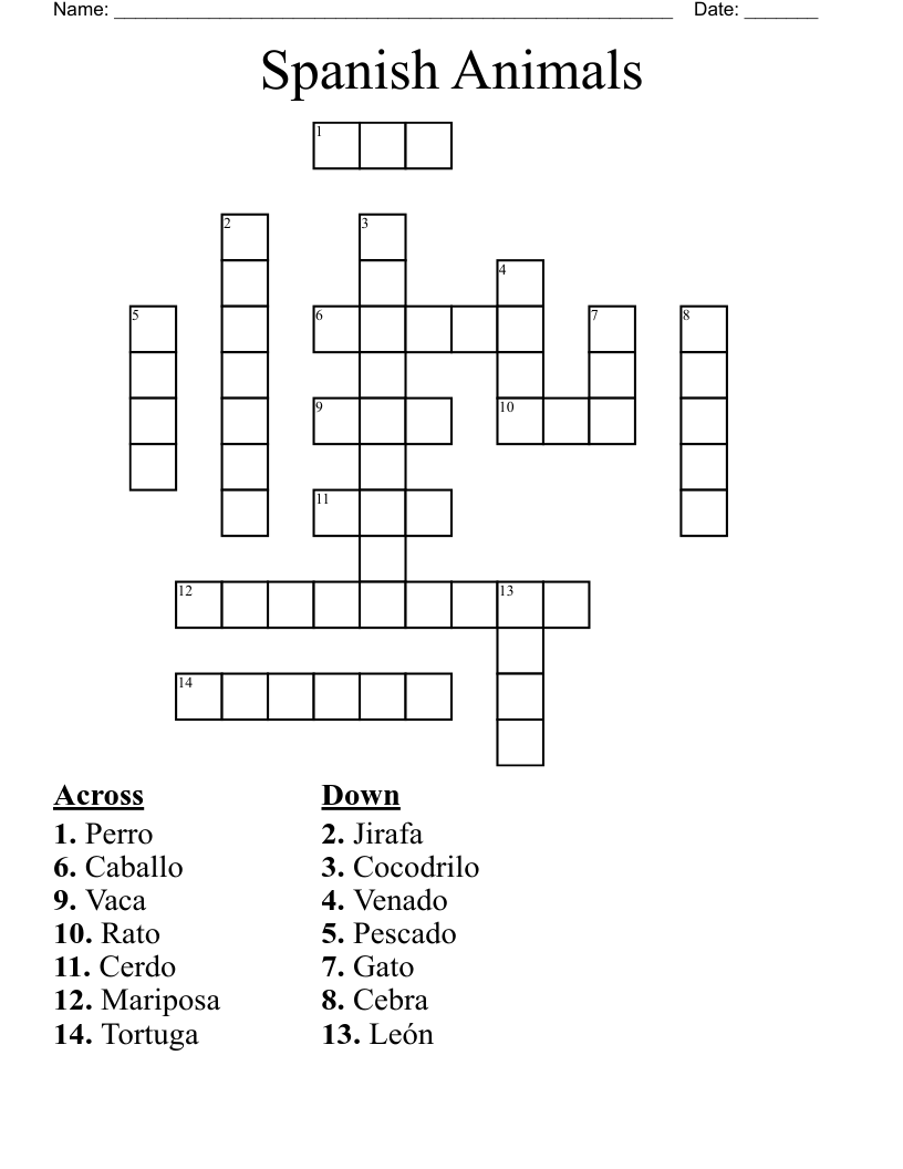 Spanish Animals Crossword