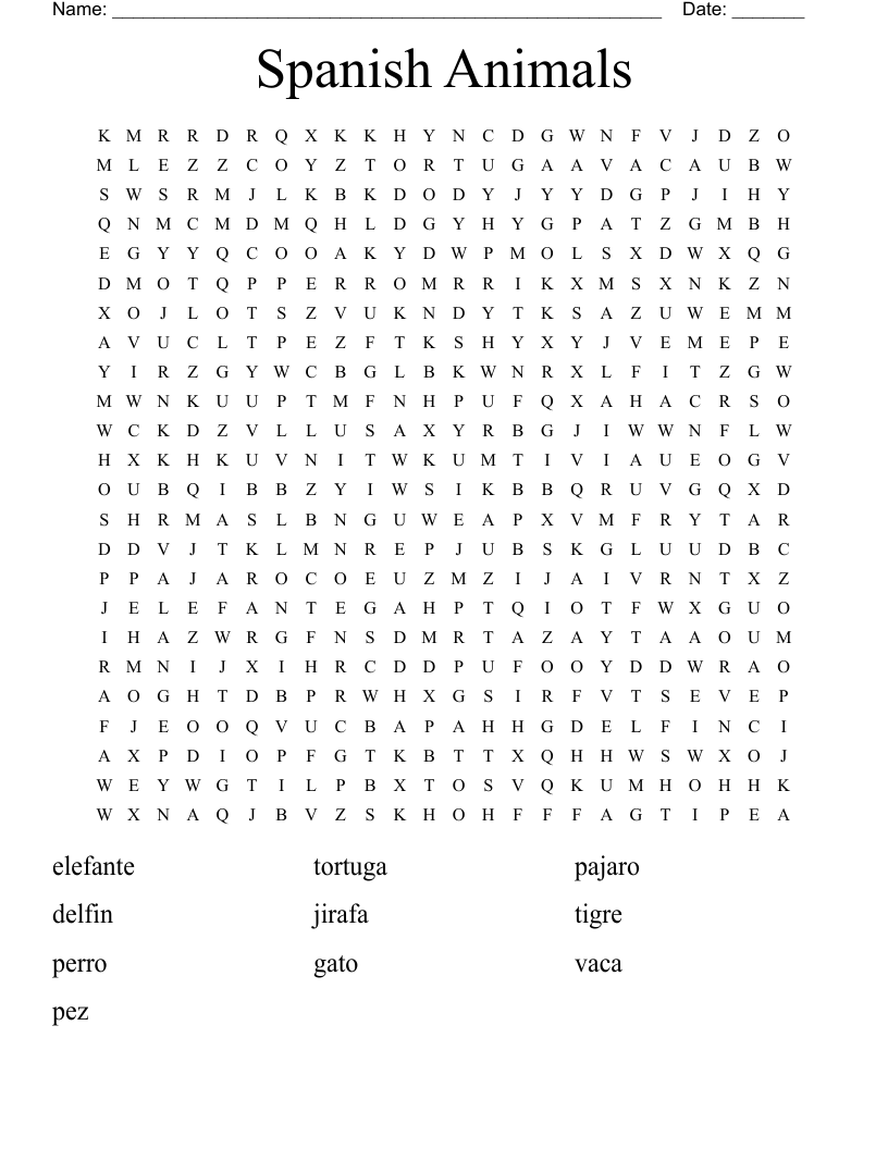 Spanish Animals  Word Search