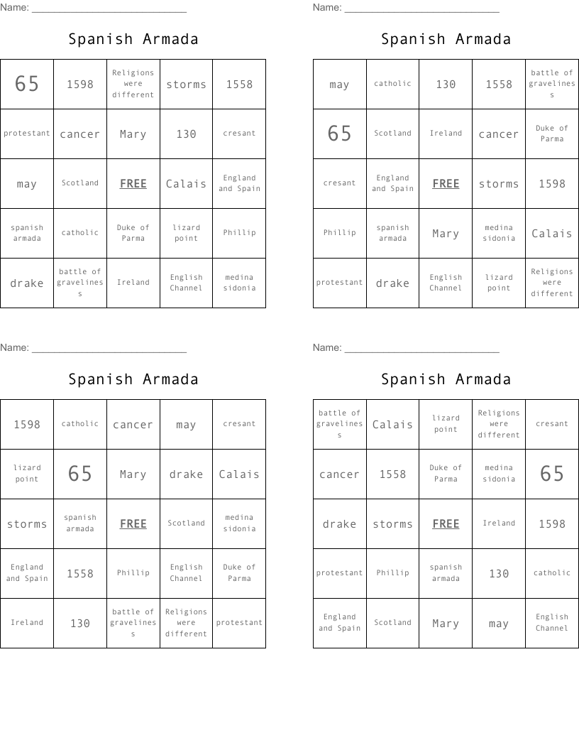 Spanish Armada Bingo Cards