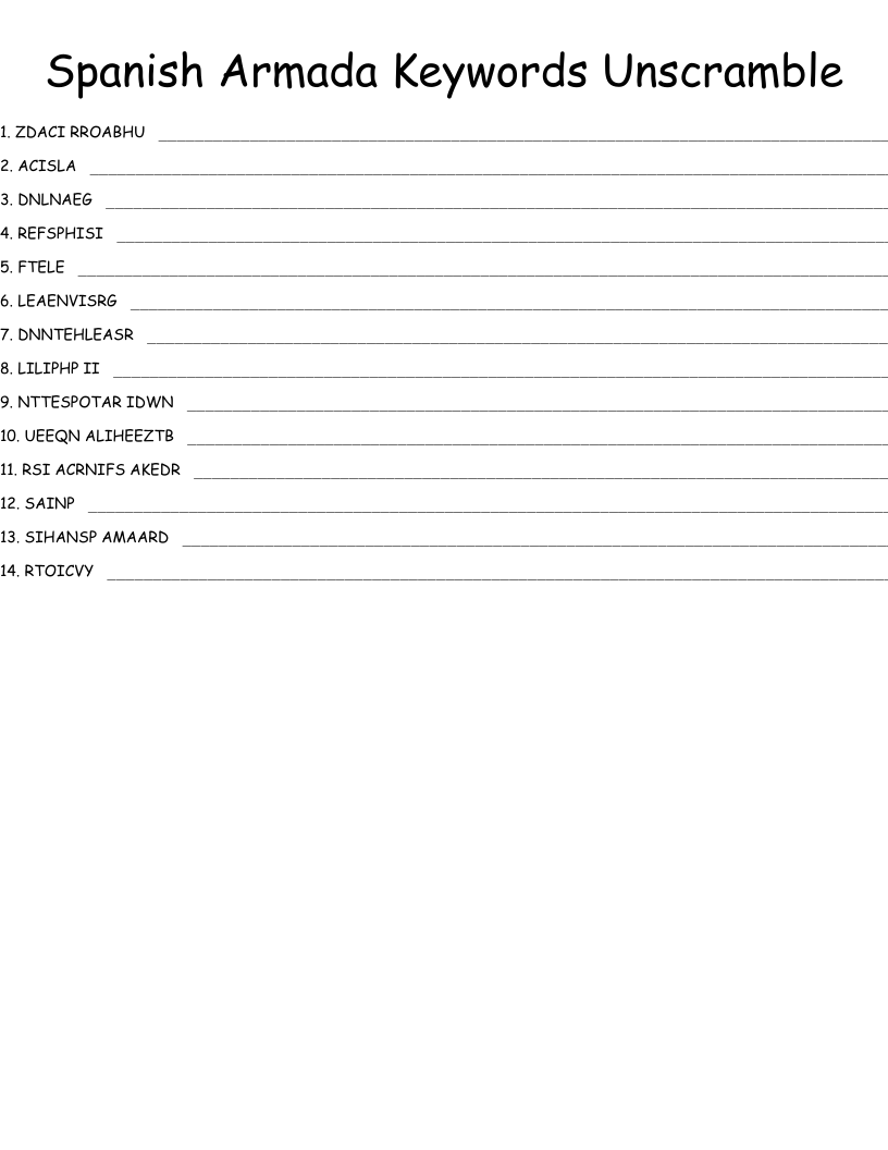 Spanish Armada Keywords Unscramble