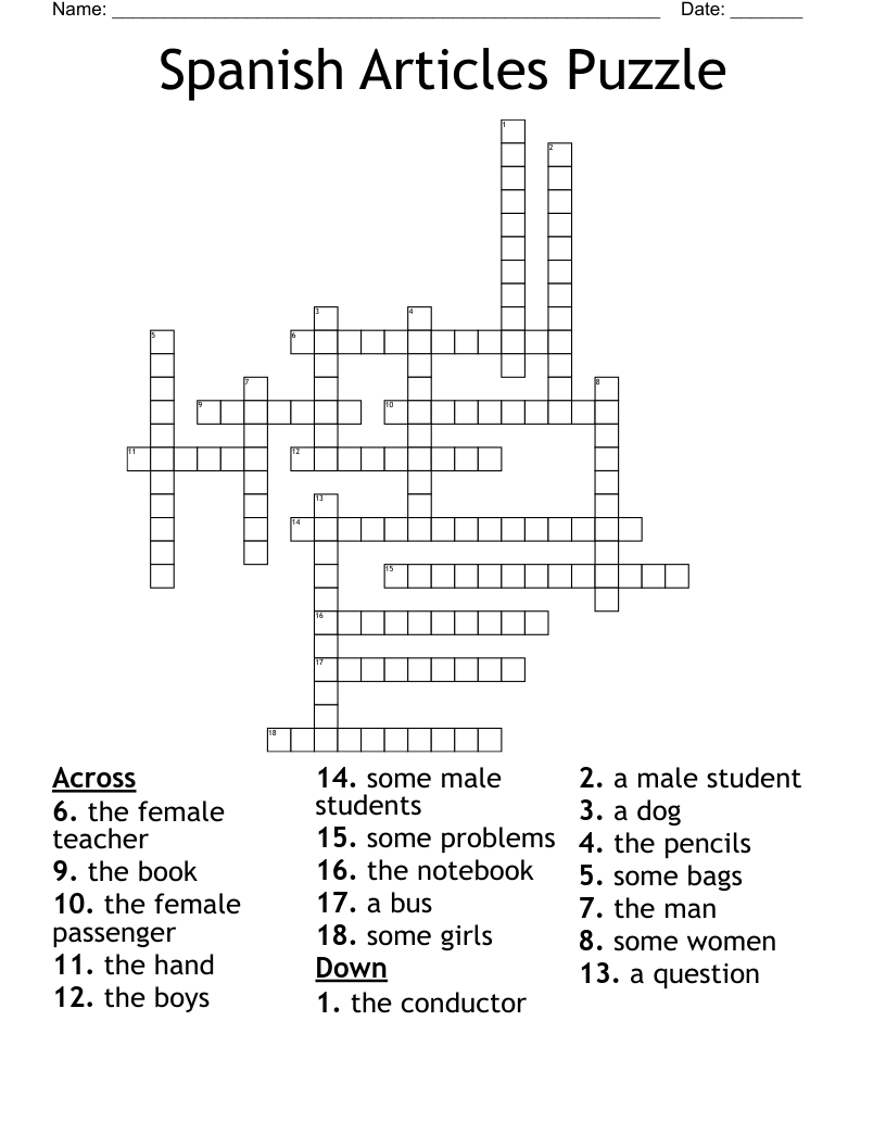Spanish Articles Puzzle Crossword