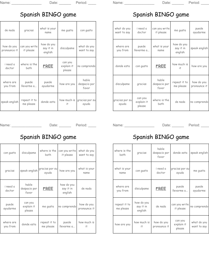Spanish BINGO game 