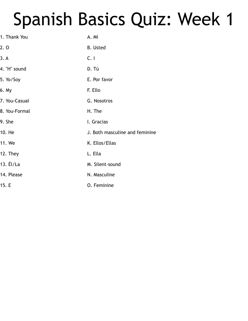 Spanish Basics Quiz: Week 1 Worksheet