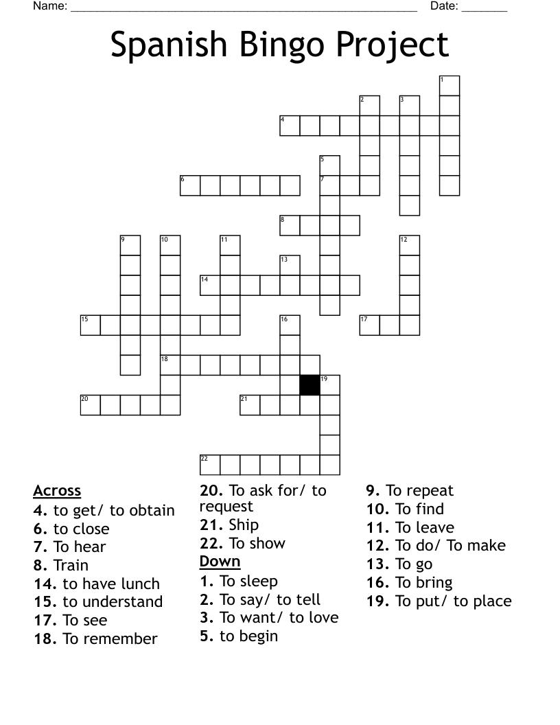 Spanish Bingo Project Crossword