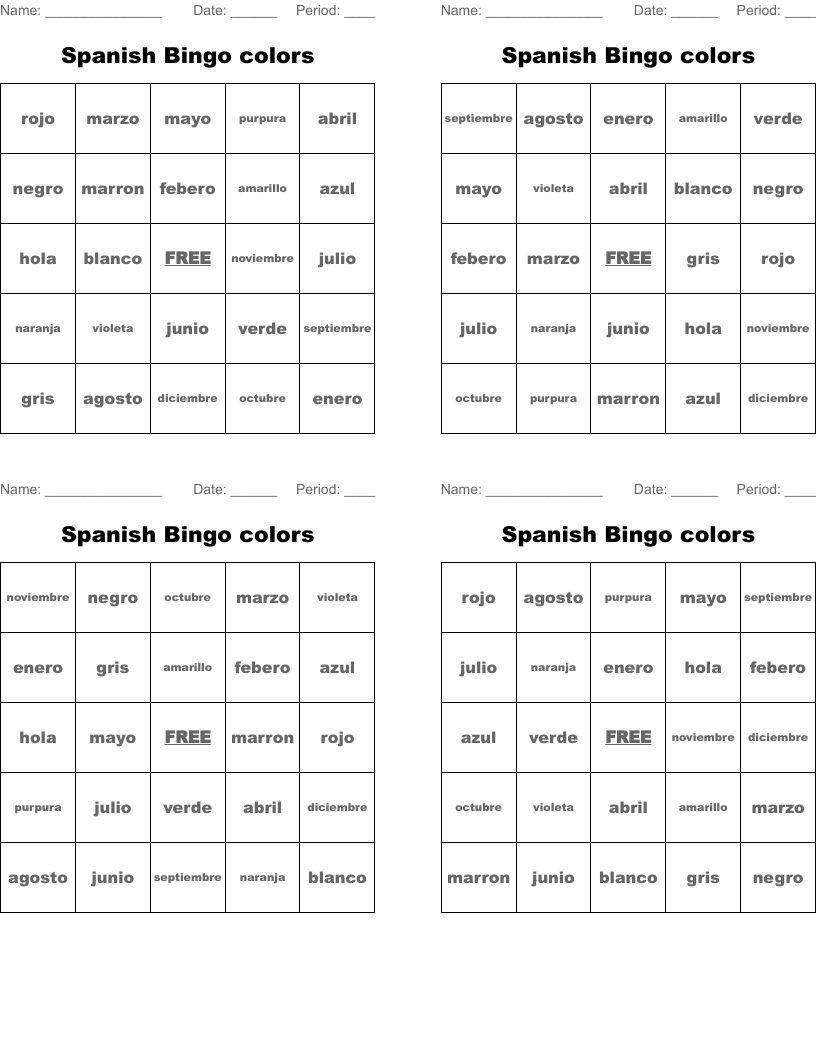 Spanish Bingo colors