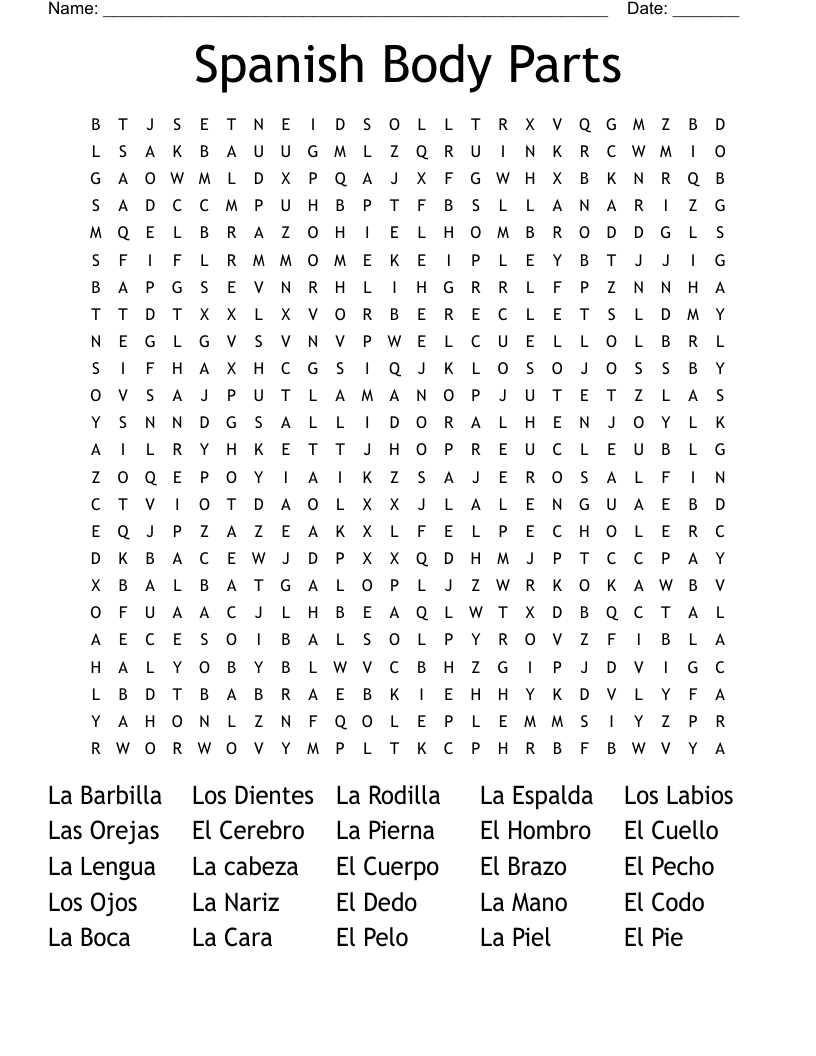 Spanish Body Parts Word Search