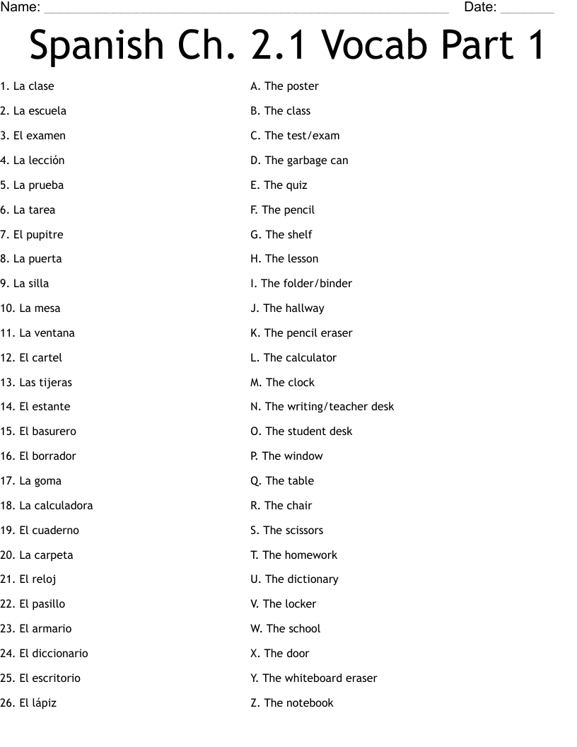 Spanish Ch. 2.1 Vocab Part 1 Worksheet